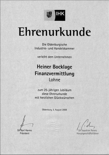 Ehrenurkunde Heiner Bocklage - Finanzvermittlung Lohne - 25-jähriges Jubiläum